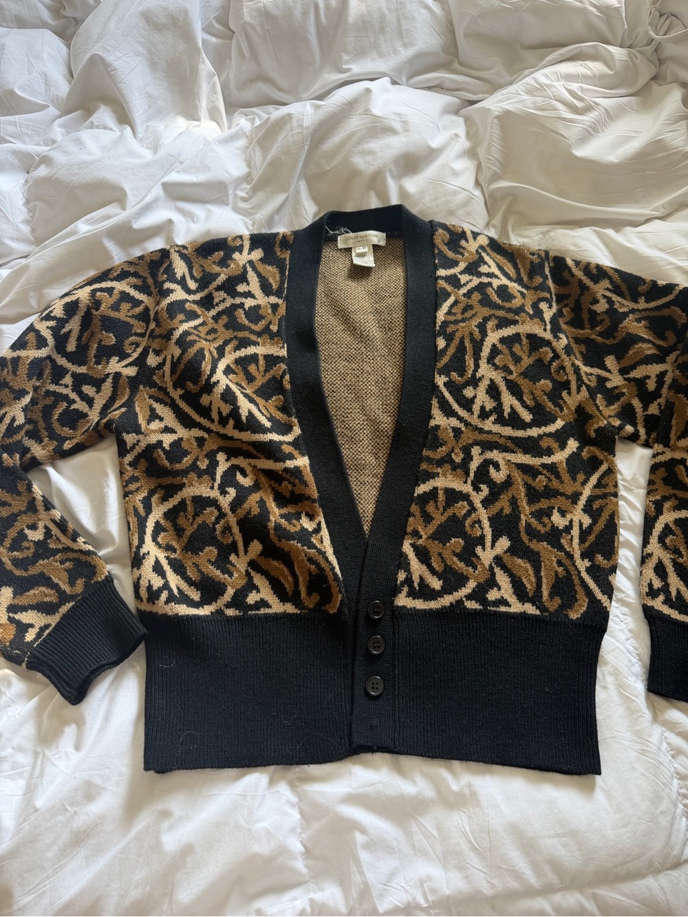 Jones New York Black & Tan Patterned Button Wool Cardigan